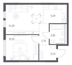 Планировка однокомнатной(квартира) площадью 40.79 квадратных метров в ЖК “ЖК Пригород Лесное”