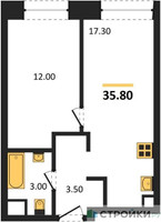 Планировка однокомнатной(квартира) площадью 35.8 квадратных метров в “ЖК Voice Towers (Войс Тауэрс)”
