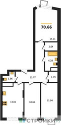 Планировка трехкомнатной(квартира) площадью 70.66 квадратных метров в ЖК “ЖК Новотомилино”