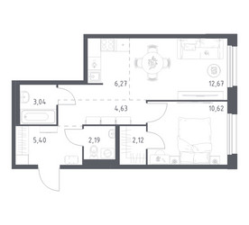 Планировка однокомнатной(квартира) площадью 46.94 квадратных метров в ЖК “ЖК Новое Внуково”