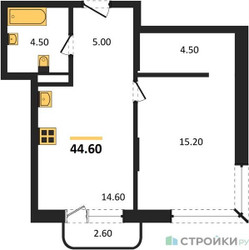 Планировка однокомнатной(квартира) площадью 44.6 квадратных метров в ЖК “Кутузов Сити”