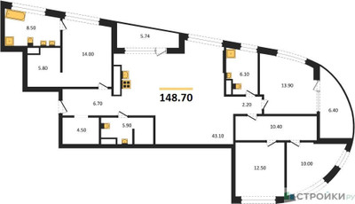 Планировка 4+ комнатной(квартира) площадью 148.7 квадратных метров в ЖК “ЖК Остров”