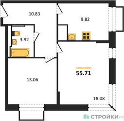 Планировка двухкомнатной(квартира) площадью 55.71 квадратных метров в ЖК “ЖК Долина Яузы”