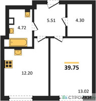 Планировка однокомнатной(квартира) площадью 39.75 квадратных метров в “ЖК Sezar City (Сезар Сити)”