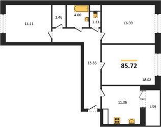 Планировка трехкомнатной(квартира) площадью 85.72 квадратных метров в ЖК “ЖК Эдельвейс (Первомайское)”