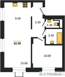 Планировка однокомнатной(квартира) площадью 42.9 квадратных метров в ЖК “ЖК Люберцы”