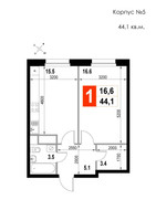 Планировка однокомнатной(квартира) площадью 44.1 квадратных метров в “ЖК Мытищи Сити”