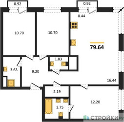 Планировка трехкомнатной(квартира) площадью 79.6 квадратных метров в ЖК “ЖК М_5”