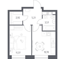 Планировка однокомнатной(квартира) площадью 33.77 квадратных метров в ЖК “ЖК Цветочные Поляны”