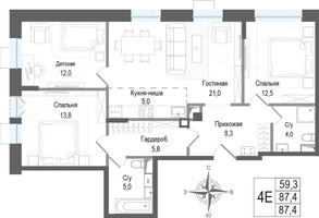 Планировка 4+ комнатной(квартира) площадью 87.4 квадратных метров в “ЖК КИНОКВАРТАЛ”