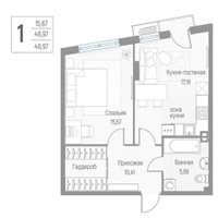 Планировка однокомнатной(квартира) площадью 49.1 квадратных метров в “ЖК Эльйон”