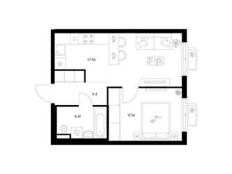 Планировка однокомнатной(квартира) площадью 37.74 квадратных метров в ЖК “ЖК Ильинские луга”