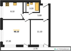 Планировка двухкомнатной(квартира) площадью 48.1 квадратных метров в “ЖК Южная Долина”