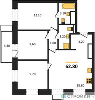 Планировка трехкомнатной(квартира) площадью 62.8 квадратных метров в “ЖК Союзный”