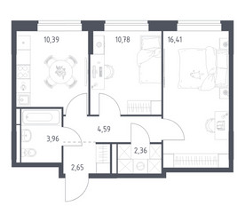 Планировка двухкомнатной(квартира) площадью 51.14 квадратных метров в ЖК “ЖК Богдановский Лес”
