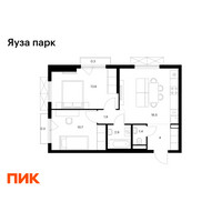 Планировка двухкомнатной(квартира) площадью 51.6 квадратных метров в “ЖК Яуза Парк (Мытищи)”