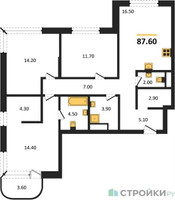 Планировка трехкомнатной(квартира) площадью 87.6 квадратных метров в “Кутузов Сити”