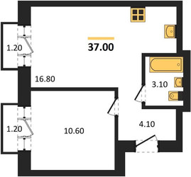 Планировка однокомнатной(квартира) площадью 37 квадратных метров в ЖК “ЖК Квартал Метроном”