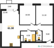 Планировка двухкомнатной(квартира) площадью 61.3 квадратных метров в “ЖК Деснаречье”