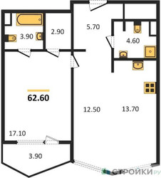 Планировка однокомнатной(квартира) площадью 62.6 квадратных метров в ЖК “ЖК Sydney City (Сидней Сити)”