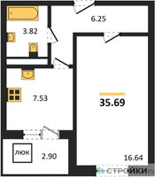 Планировка однокомнатной(квартира) площадью 35.69 квадратных метров в “Ласточкино”