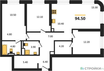 Планировка трехкомнатной(квартира) площадью 94.5 квадратных метров в ЖК “ЖК STONE Sokolniki (Сокольники)”