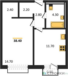 Планировка однокомнатной(апартаменты) площадью 38.4 квадратных метров в ЖК “ЖК Равновесие”