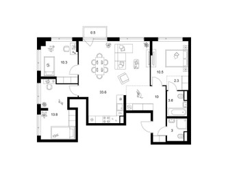 Планировка трехкомнатной(квартира) площадью 87.6 квадратных метров в ЖК “Бунинская набережная”