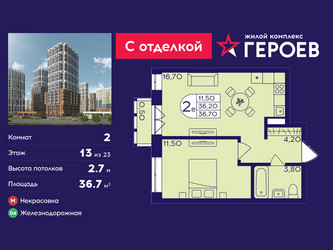 Планировка двухкомнатной(квартира) площадью 36.7 квадратных метров в ЖК “ЖК Героев”