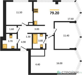 Планировка трехкомнатной(квартира) площадью 79.2 квадратных метров в ЖК “Акценты”
