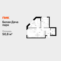 Планировка двухкомнатной(квартира) площадью 50.8 квадратных метров в “ЖК Белая Дача парк”