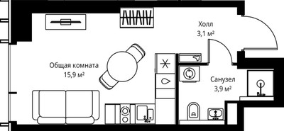 Планировка студии(квартира) площадью 22.9 квадратных метров в ЖК “ЖК Веер”