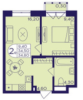 Планировка двухкомнатной(квартира) площадью 35.8 квадратных метров в “ЖК Героев”