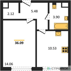 Планировка однокомнатной(квартира) площадью 36.09 квадратных метров в ЖК “ЖК Одинград. Квартал Семейный”