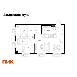 Планировка двухкомнатной(квартира) площадью 52.13 квадратных метров в ЖК “ЖК Ильинские луга”