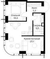 Планировка однокомнатной(квартира) площадью 48.7 квадратных метров в “ЖК Сити Бэй”