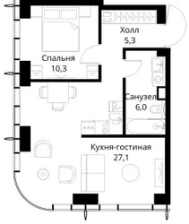 Планировка однокомнатной(квартира) площадью 48.7 квадратных метров в ЖК “ЖК Сити Бэй”