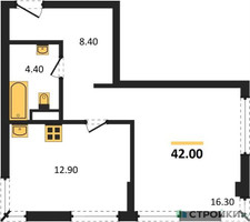 Планировка однокомнатной(квартира) площадью 42 квадратных метров в “ЖК VERY на Миклухо-Маклая (Вери на Миклухо-Маклая)”