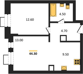 Планировка однокомнатной(квартира) площадью 44.3 квадратных метров в ЖК “ЖК КИНОКВАРТАЛ”