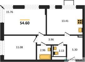 Планировка двухкомнатной(квартира) площадью 54.6 квадратных метров в “ЖК Квартал Западный”