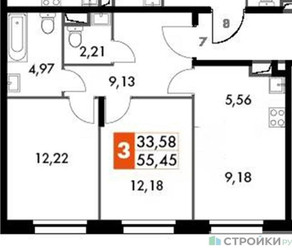 Планировка двухкомнатной(квартира) площадью 55.45 квадратных метров в ЖК “ЖК Движение. Говорово”