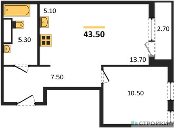 Планировка однокомнатной(квартира) площадью 43.5 квадратных метров в ЖК “ЖК Южные сады”