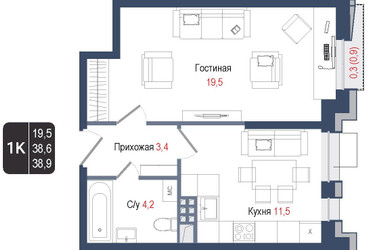 Планировка однокомнатной(квартира) площадью 38.6 квадратных метров в ЖК “ЖК КИНОКВАРТАЛ”