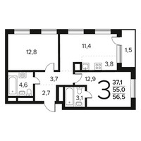 Планировка трехкомнатной(квартира) площадью 56.5 квадратных метров в “Новые Ватутинки. Заречный”