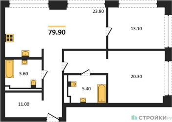Планировка двухкомнатной(квартира) площадью 79.9 квадратных метров в ЖК “ЖК СТОУН Грэйн”