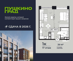 Планировка однокомнатной(квартира) площадью 39 квадратных метров в ЖК “ЖК Пушкино Град”