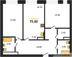 Планировка двухкомнатной(квартира) площадью 75 квадратных метров в “ЖК Детали”