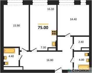 Планировка двухкомнатной(квартира) площадью 75 квадратных метров в ЖК “ЖК Детали”