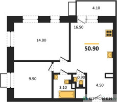 Планировка двухкомнатной(квартира) площадью 50.9 квадратных метров в “ЖК Союзный”