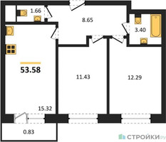 Планировка двухкомнатной(квартира) площадью 53.58 квадратных метров в “Семейный дом "Олива"”